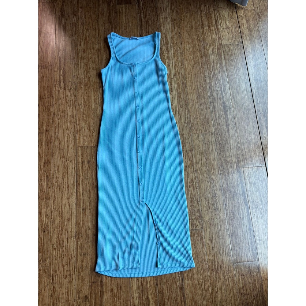 Iris Light Blue Ribbed Knit Button Front Midi Tank Dress Small